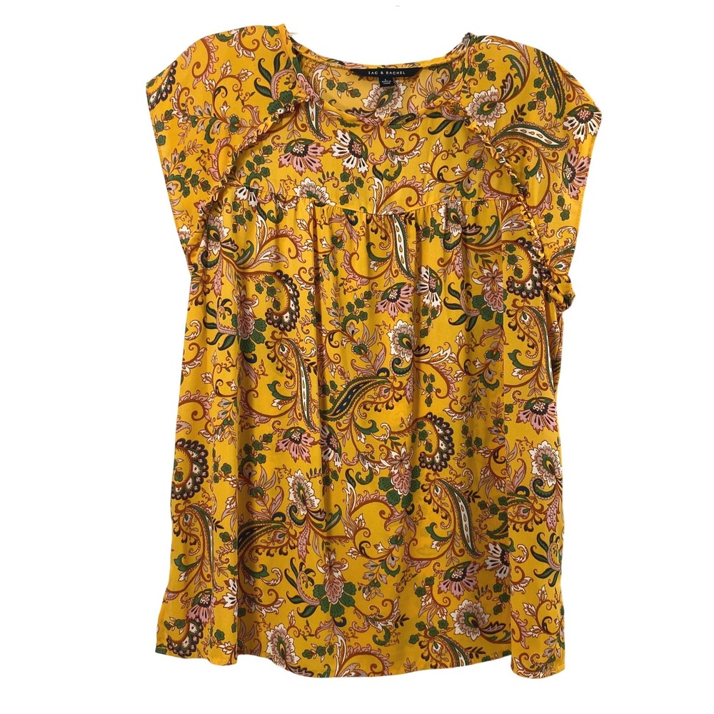 Zac & Rachel Blouse Womens L Yellow Paisley Floral Ruffle Cap Sleeve Boho Chic